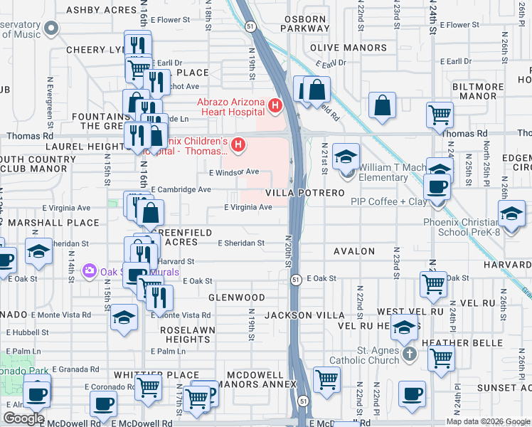 map of restaurants, bars, coffee shops, grocery stores, and more near 1919 East Cambridge Avenue in Phoenix
