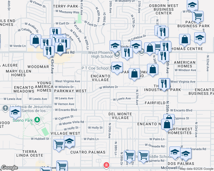 map of restaurants, bars, coffee shops, grocery stores, and more near 3902 Virginia Avenue in Phoenix