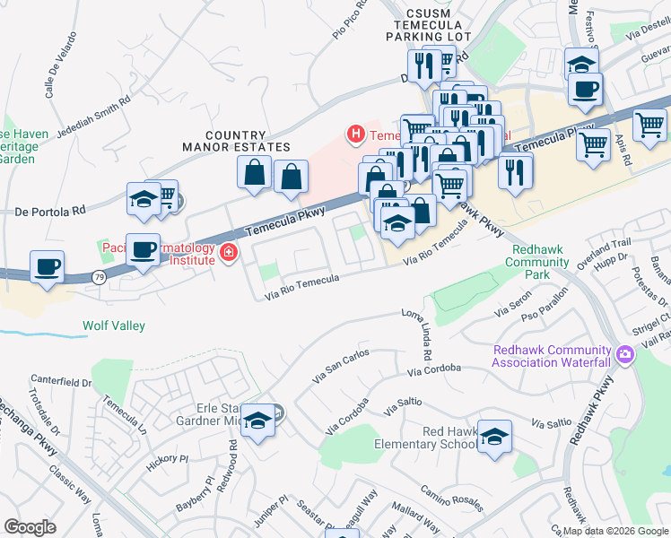 map of restaurants, bars, coffee shops, grocery stores, and more near 44682 Arbor Lane in Temecula