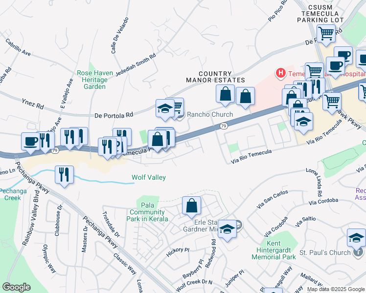 map of restaurants, bars, coffee shops, grocery stores, and more near 31353 David Lane in Temecula