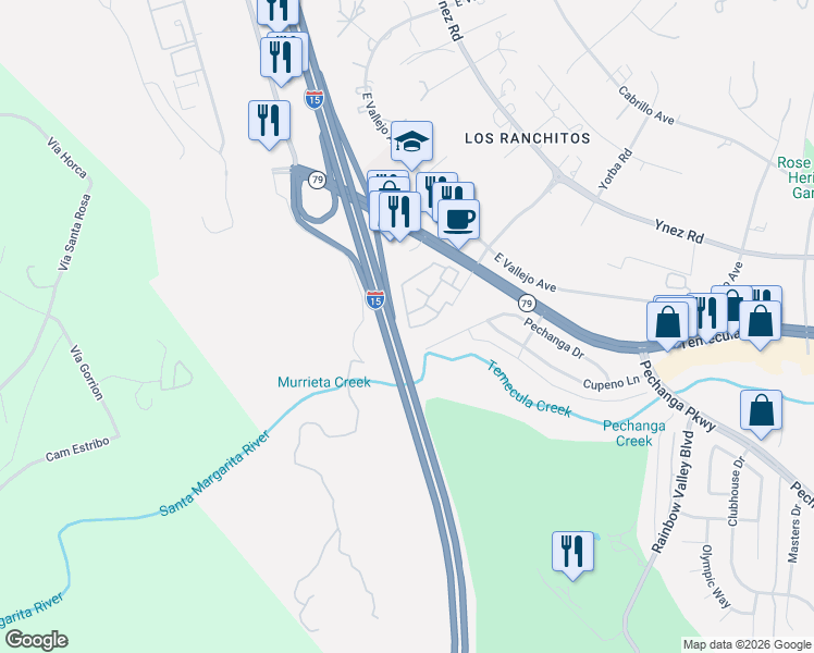 map of restaurants, bars, coffee shops, grocery stores, and more near 44629 La Paz Road in Temecula