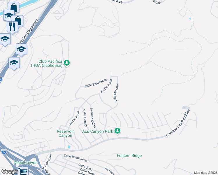 map of restaurants, bars, coffee shops, grocery stores, and more near 33462 Via De Agua in San Juan Capistrano