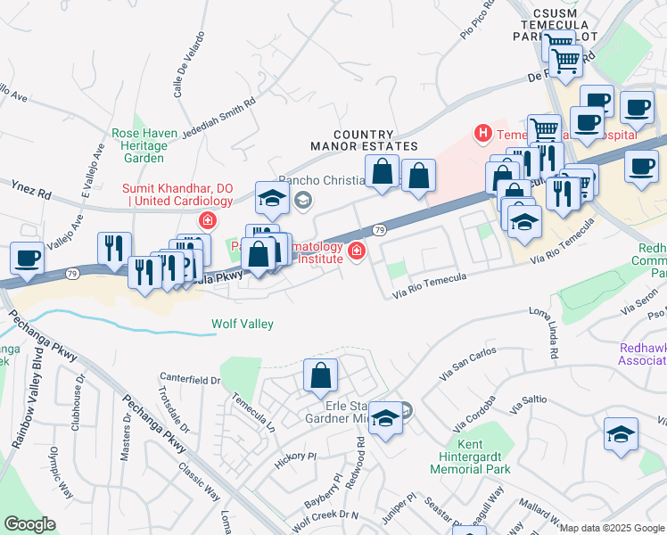 map of restaurants, bars, coffee shops, grocery stores, and more near 31356 Taylor Lane in Temecula