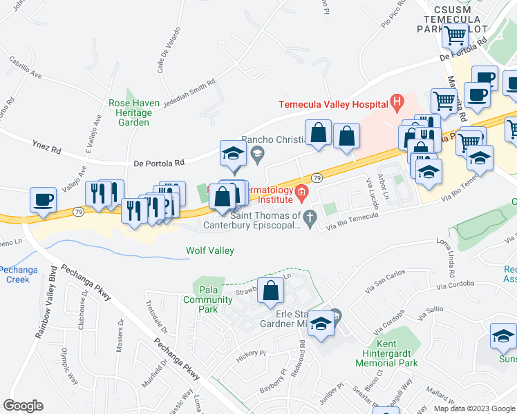 map of restaurants, bars, coffee shops, grocery stores, and more near 31259 David Lane in Temecula