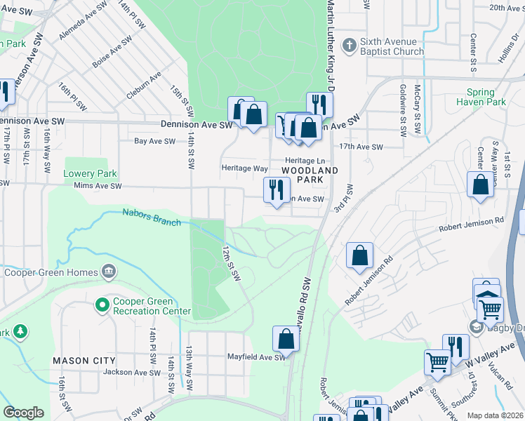 map of restaurants, bars, coffee shops, grocery stores, and more near 945 Mason Avenue Southwest in Birmingham
