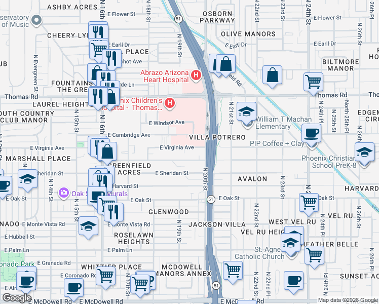 map of restaurants, bars, coffee shops, grocery stores, and more near 1919 East Cambridge Avenue in Phoenix