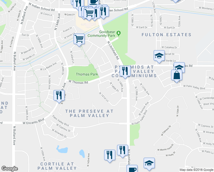 map of restaurants, bars, coffee shops, grocery stores, and more near 14102 West Windsor Avenue in Goodyear