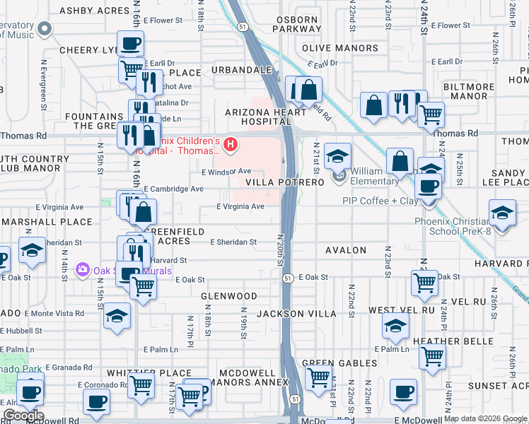 map of restaurants, bars, coffee shops, grocery stores, and more near 1919 East Cambridge Avenue in Phoenix