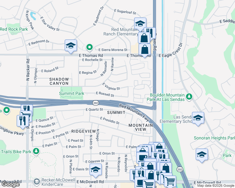 map of restaurants, bars, coffee shops, grocery stores, and more near 6559 East Virginia Street in Mesa