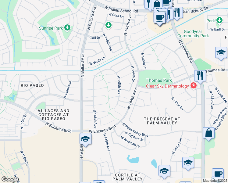 map of restaurants, bars, coffee shops, grocery stores, and more near 14530 West Roanoke Avenue in Goodyear