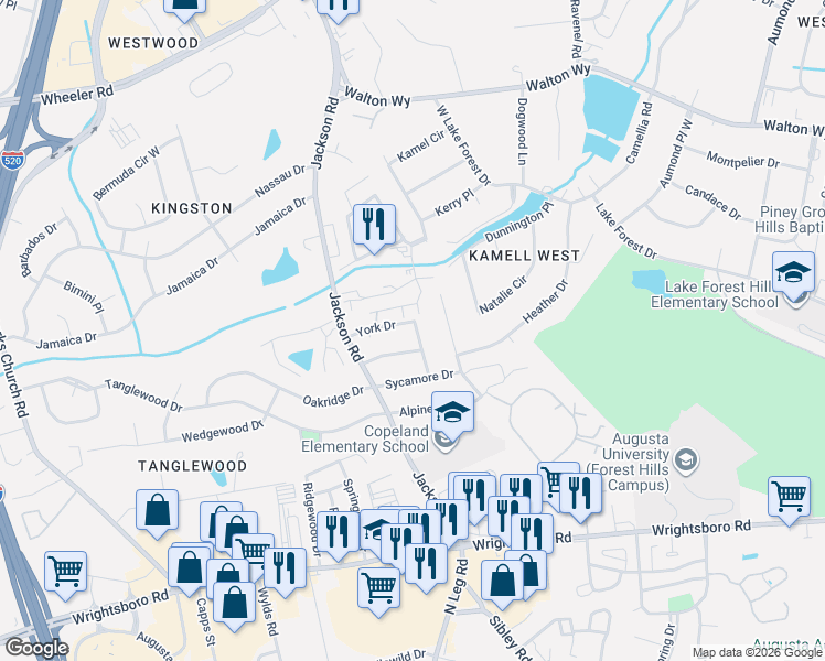 map of restaurants, bars, coffee shops, grocery stores, and more near 595 High Court Drive in Augusta