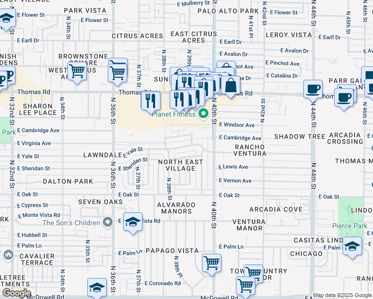 map of restaurants, bars, coffee shops, grocery stores, and more near 3902 East Yale Street in Phoenix