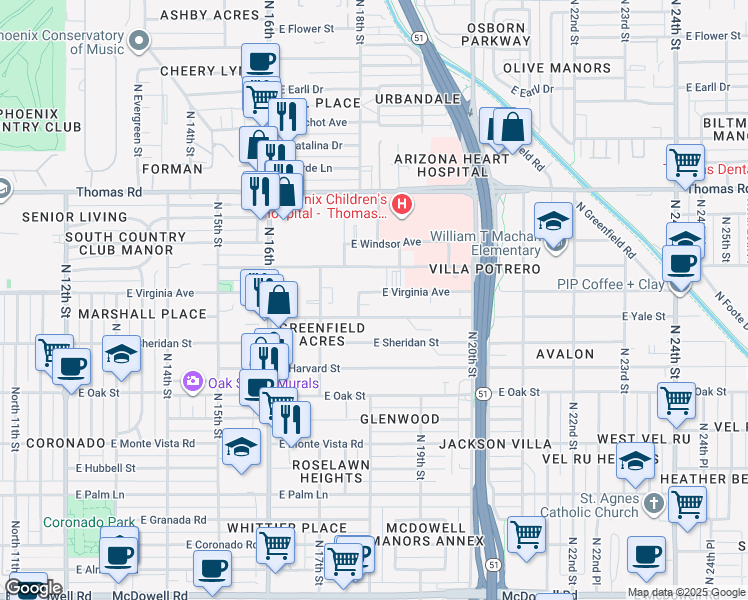 map of restaurants, bars, coffee shops, grocery stores, and more near 1822 East Virginia Avenue in Phoenix