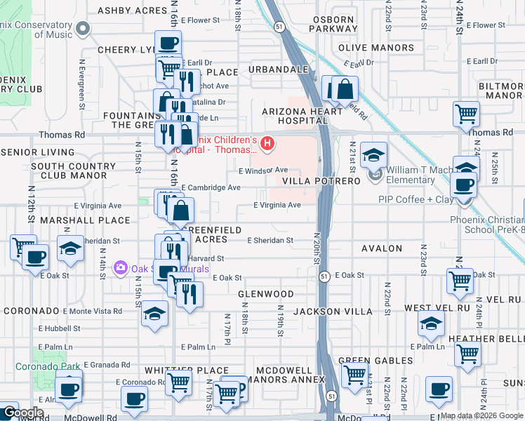 map of restaurants, bars, coffee shops, grocery stores, and more near 1822 East Virginia Avenue in Phoenix