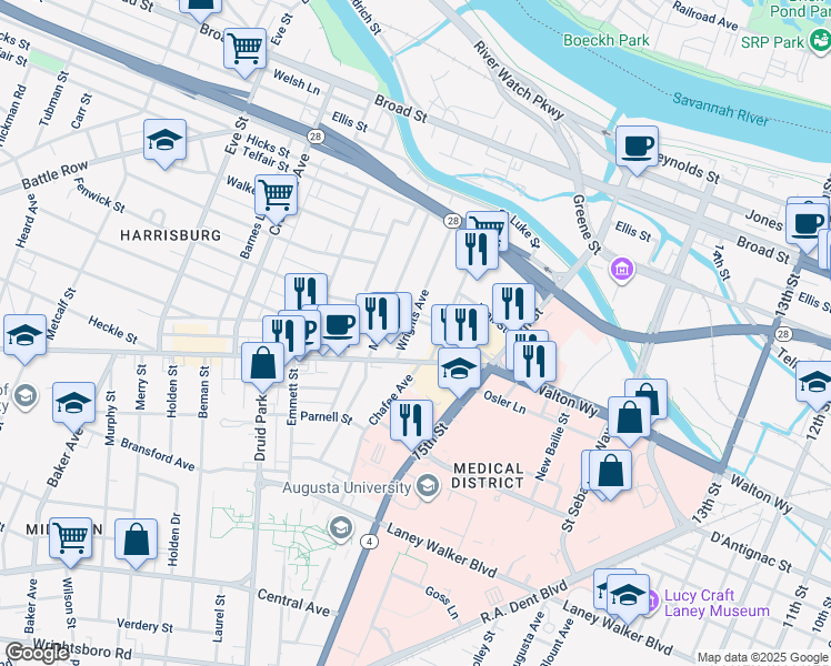 map of restaurants, bars, coffee shops, grocery stores, and more near 1537 Walton Way in Augusta