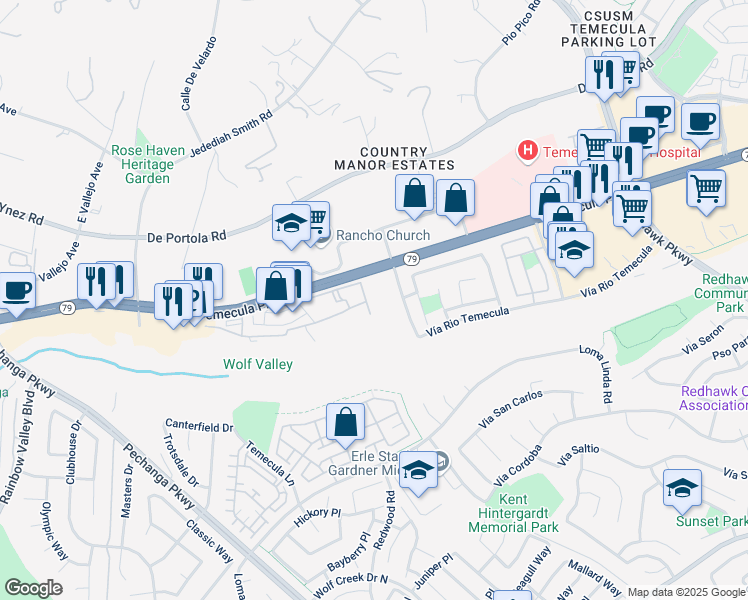 map of restaurants, bars, coffee shops, grocery stores, and more near 44706 Adam Lane in Temecula