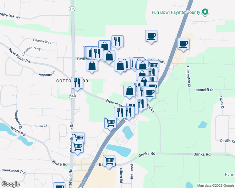 map of restaurants, bars, coffee shops, grocery stores, and more near 230 New Hope Place in Fayetteville