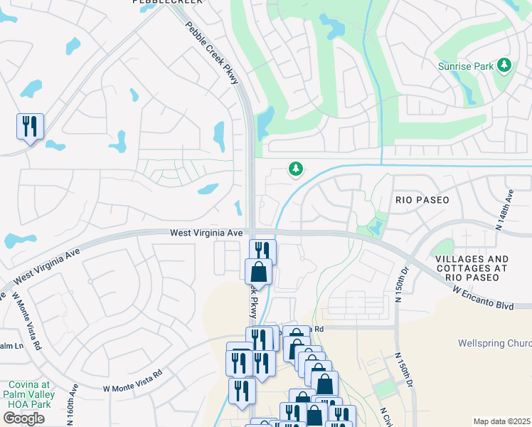 map of restaurants, bars, coffee shops, grocery stores, and more near 2655 Pebble Creek Parkway in Goodyear