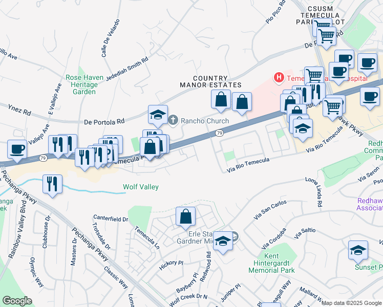 map of restaurants, bars, coffee shops, grocery stores, and more near 31382 Taylor Lane in Temecula