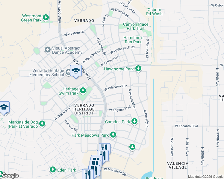 map of restaurants, bars, coffee shops, grocery stores, and more near 20616 West Briarwood Drive in Buckeye