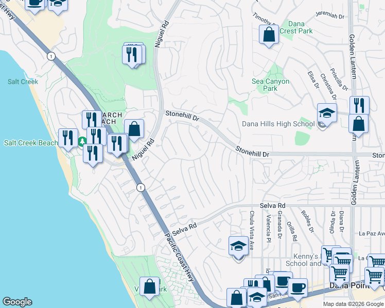 map of restaurants, bars, coffee shops, grocery stores, and more near 33512 Dosinia Drive in Dana Point
