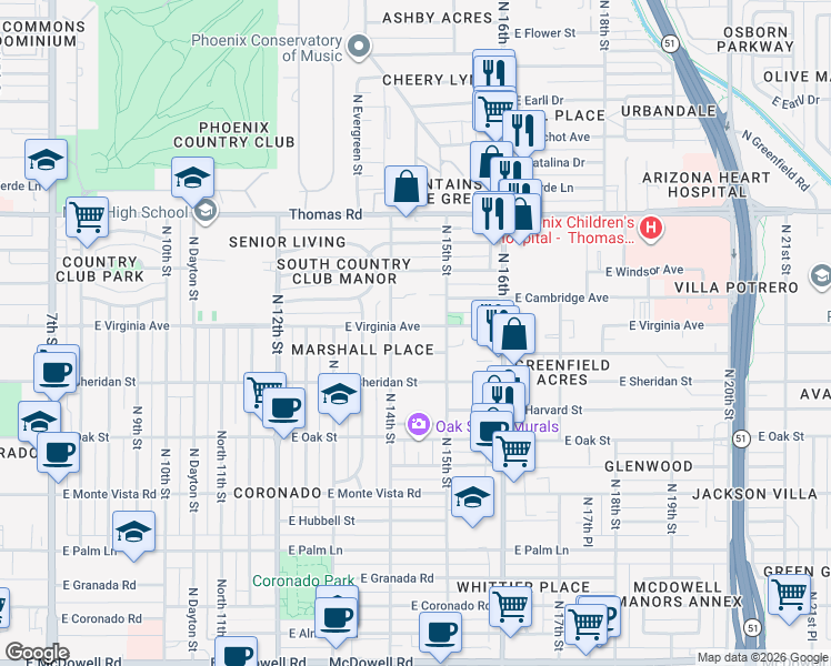 map of restaurants, bars, coffee shops, grocery stores, and more near 1420 East Virginia Avenue in Phoenix