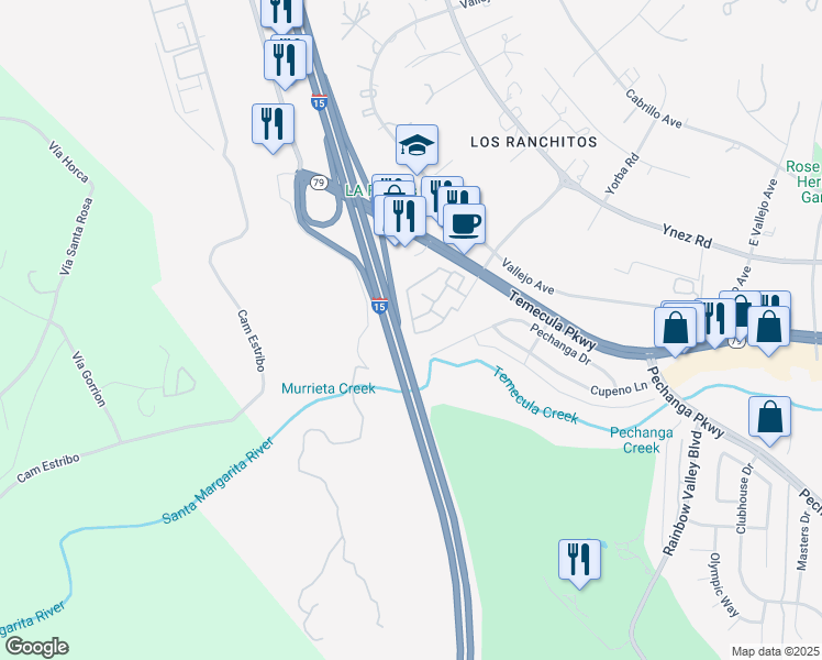 map of restaurants, bars, coffee shops, grocery stores, and more near 44628 La Paz Road in Temecula