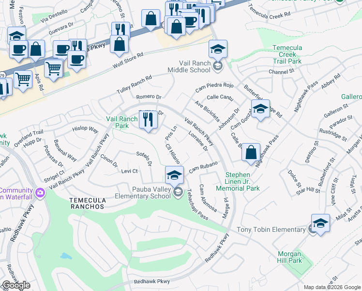 map of restaurants, bars, coffee shops, grocery stores, and more near 33175 Camino Maraca in Temecula