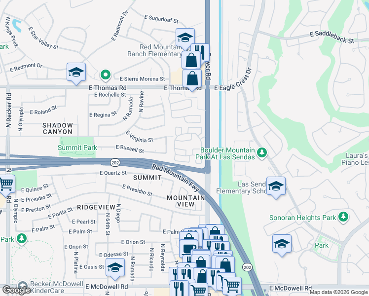 map of restaurants, bars, coffee shops, grocery stores, and more near 6654 East Rhodes Street in Mesa