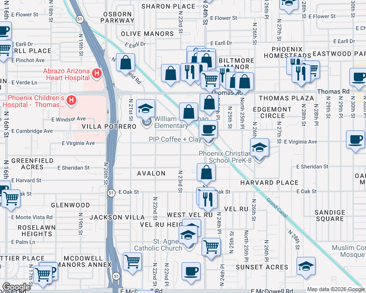 map of restaurants, bars, coffee shops, grocery stores, and more near 2701 North 23rd Street in Phoenix