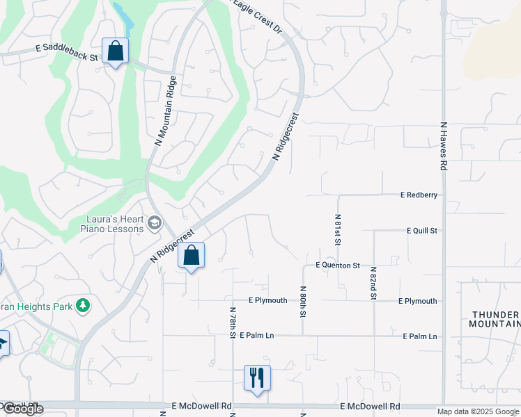 map of restaurants, bars, coffee shops, grocery stores, and more near 7934 East Riverdale Street in Mesa