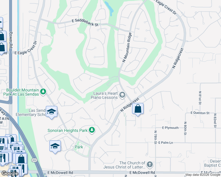 map of restaurants, bars, coffee shops, grocery stores, and more near 3220 North Ridgecrest in Mesa