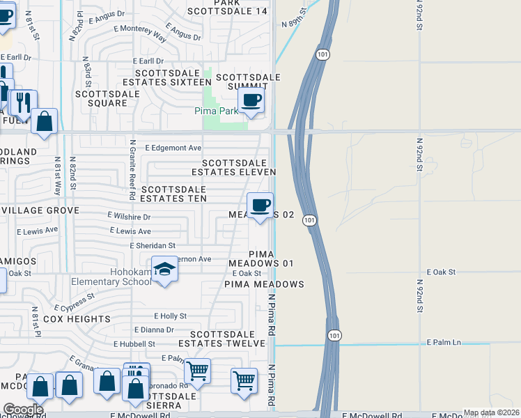 map of restaurants, bars, coffee shops, grocery stores, and more near 8726 East Virginia Avenue in Scottsdale