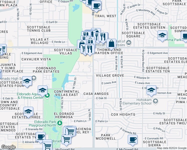 map of restaurants, bars, coffee shops, grocery stores, and more near 2601 North Hayden Road in Scottsdale