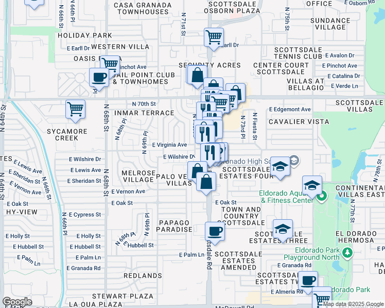 map of restaurants, bars, coffee shops, grocery stores, and more near 2541 North 71st Place in Scottsdale