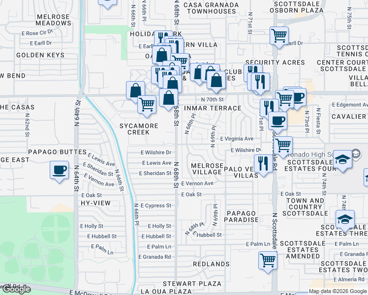 map of restaurants, bars, coffee shops, grocery stores, and more near 2609 North 68th Street in Scottsdale