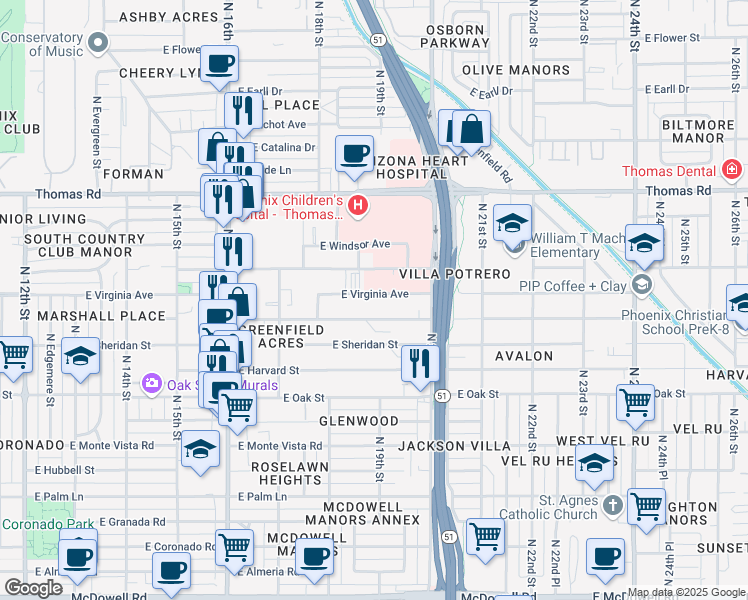 map of restaurants, bars, coffee shops, grocery stores, and more near 1919 East Cambridge Avenue in Phoenix