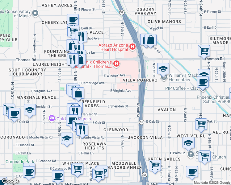 map of restaurants, bars, coffee shops, grocery stores, and more near 1822 East Virginia Avenue in Phoenix