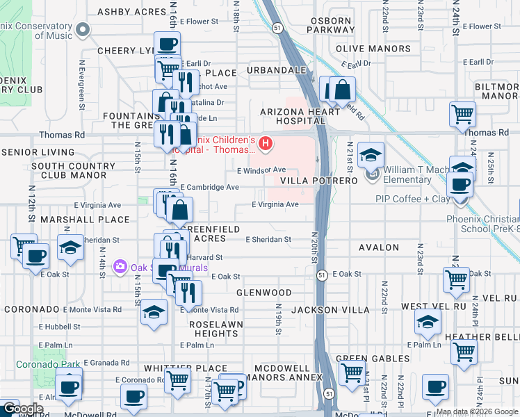 map of restaurants, bars, coffee shops, grocery stores, and more near 1822 East Virginia Avenue in Phoenix