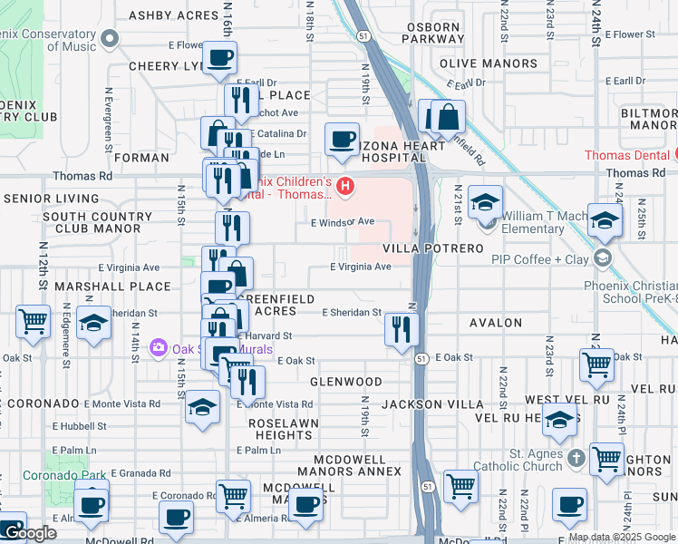 map of restaurants, bars, coffee shops, grocery stores, and more near 1822 East Virginia Avenue in Phoenix