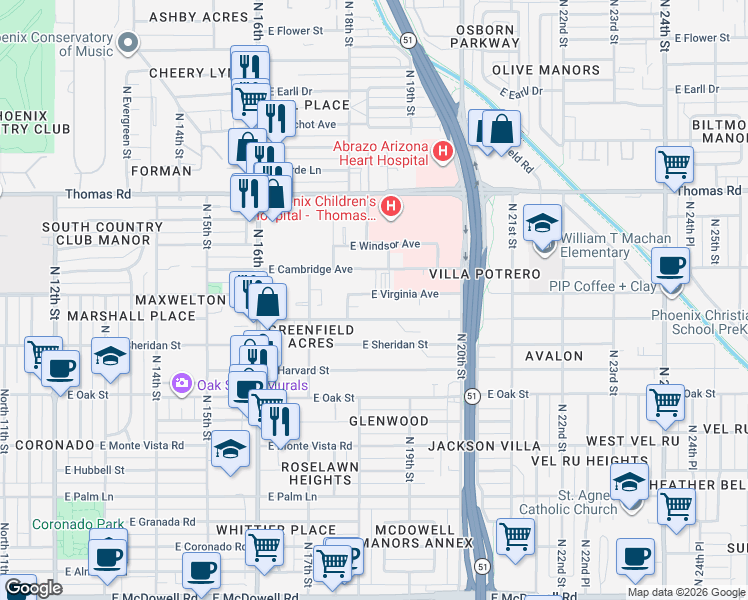 map of restaurants, bars, coffee shops, grocery stores, and more near 1822 East Virginia Avenue in Phoenix