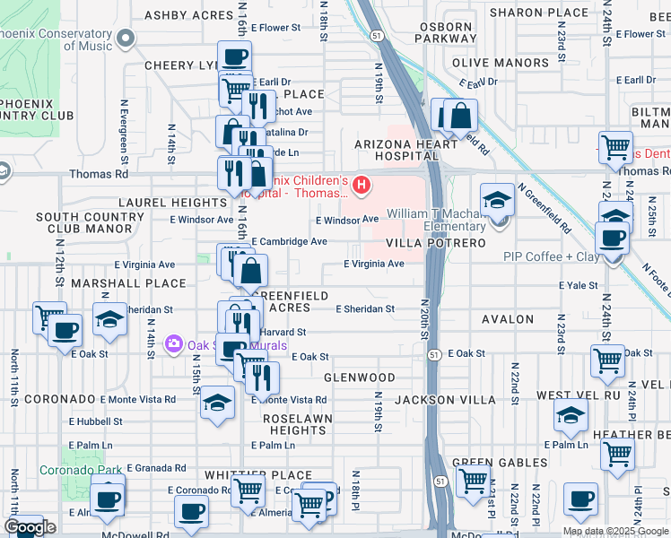 map of restaurants, bars, coffee shops, grocery stores, and more near 1822 East Virginia Avenue in Phoenix