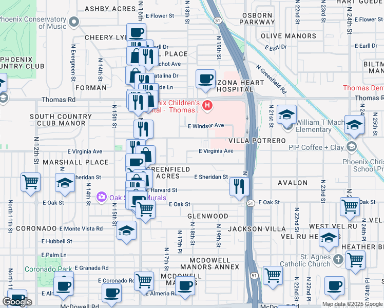 map of restaurants, bars, coffee shops, grocery stores, and more near 1736 East Virginia Avenue in Phoenix