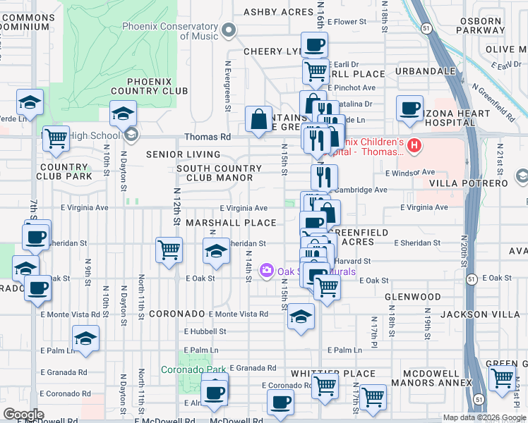 map of restaurants, bars, coffee shops, grocery stores, and more near 1420 East Virginia Avenue in Phoenix
