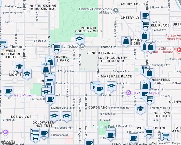 map of restaurants, bars, coffee shops, grocery stores, and more near 1131 East Virginia Avenue in Phoenix