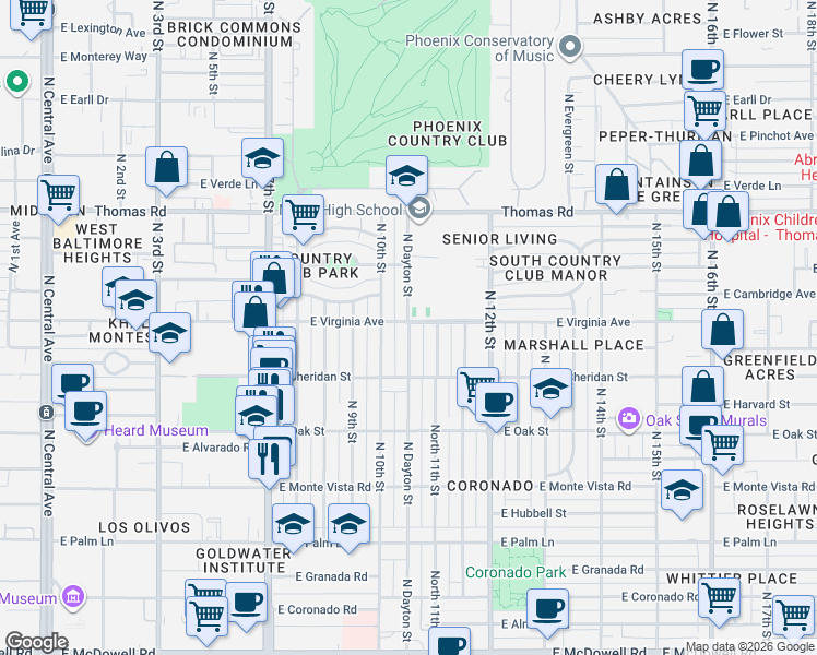 map of restaurants, bars, coffee shops, grocery stores, and more near 2546 North 11th Street in Phoenix