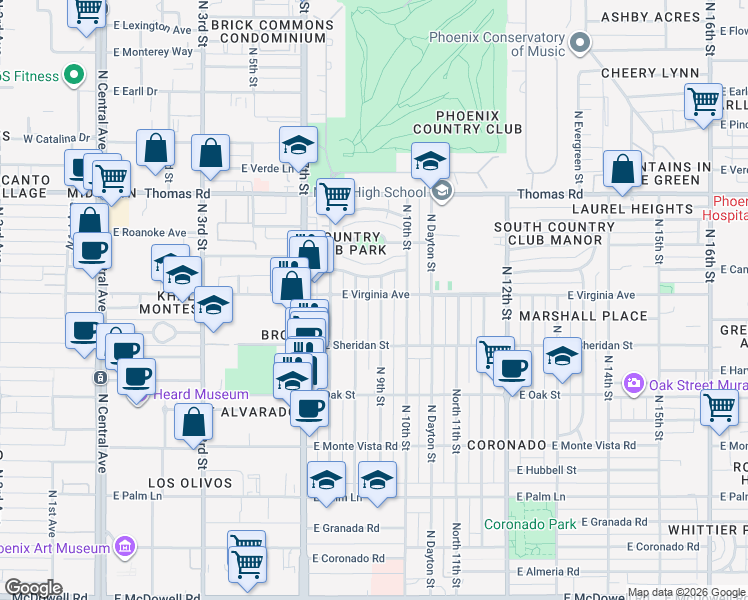 map of restaurants, bars, coffee shops, grocery stores, and more near 841 East Cambridge Avenue in Phoenix