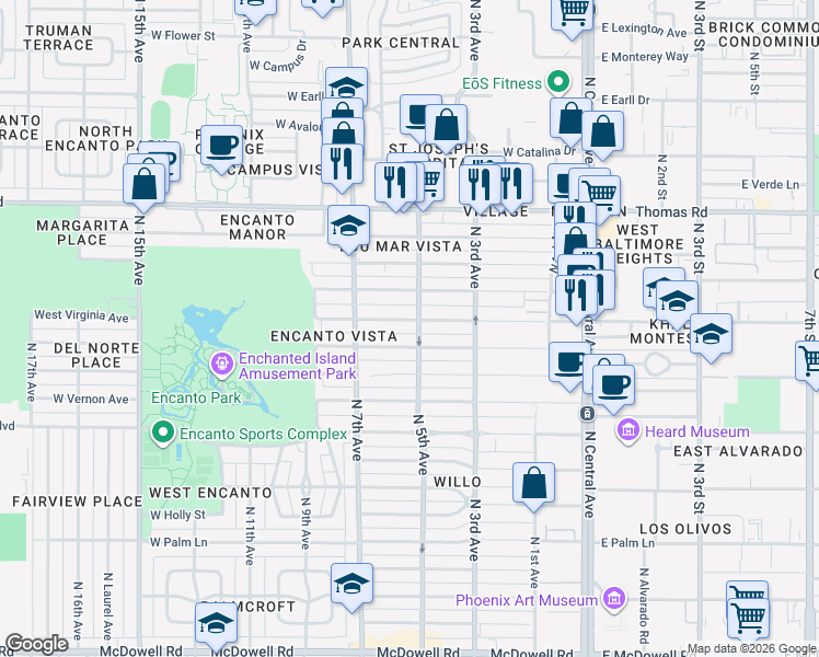 map of restaurants, bars, coffee shops, grocery stores, and more near 522 Virginia Avenue in Phoenix