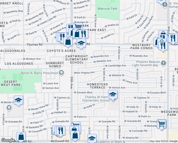 map of restaurants, bars, coffee shops, grocery stores, and more near 5712 West Cambridge Avenue in Phoenix