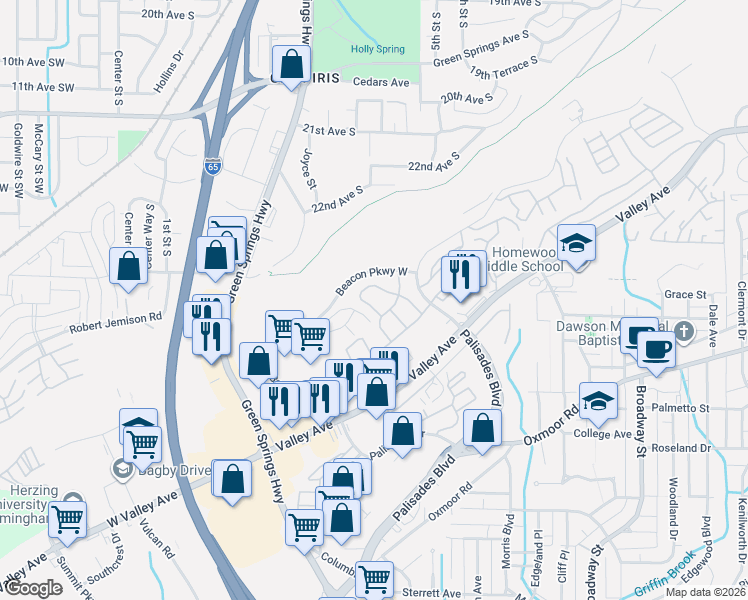 map of restaurants, bars, coffee shops, grocery stores, and more near 748 Rockford Circle in Birmingham
